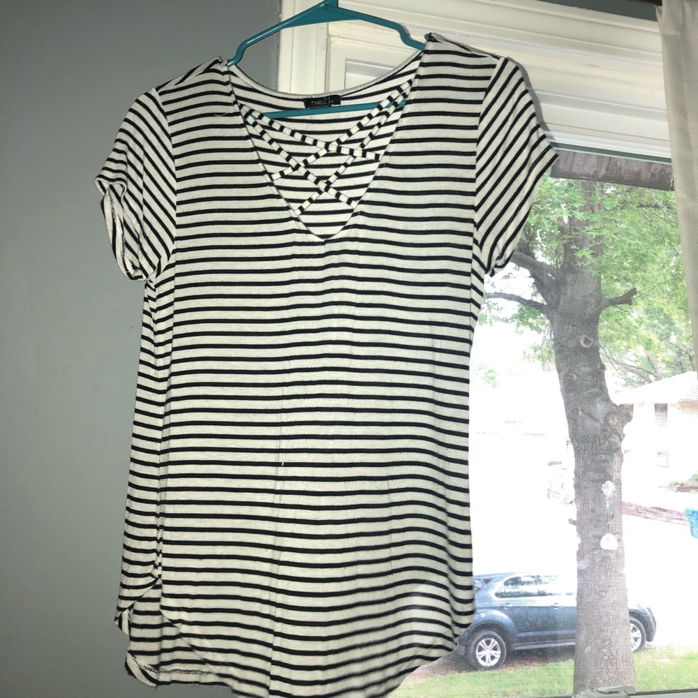 White and black striped top.